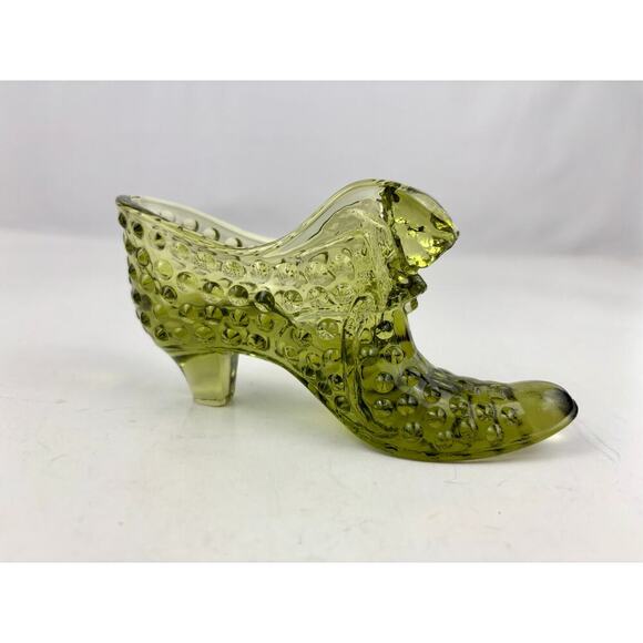 VTG Fenton Hobnail Cat Head Colonial Olive Green Glass Slipper Shoe - Picture 7 of 16